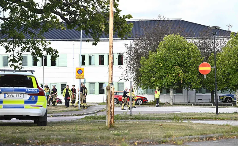 Emergency services work at the scene where an attacker with a sword killed one person and wounded several others at a high school in Fagersta, Sweden.—AFP Emergency services work at the scene where an attacker with a sword killed one person and wounded several others at a high school in Fagersta, Sweden.—AFP