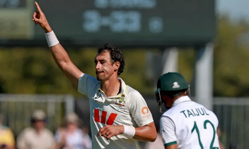 Australia’s Mitchell Starc (L) celebrates after taking his tenth wicket for the match of Bangladesh’s Taijul Islam (R) during the second day of the second cricket Test match between Australia and Bangladesh at the Great Barrier Reef Stadium in Mackay on August 23, 2026. — AFP Australia’s Mitchell Starc (L) celebrates after taking his tenth wicket for the match of Bangladesh’s Taijul Islam (R) during the second day of the second cricket Test match between Australia and Bangladesh at the Great Barrier Reef Stadium in Mackay on August 23, 2026. — AFP