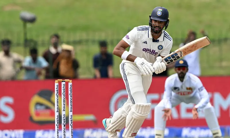 India's Devdutt Padikkal watches the ball after playing a shot during the first day of the second Test cricket match between Sri Lanka and India at the Sinhalese Sports Club Ground in Colombo on August 23, 2026. &mdash; AFP