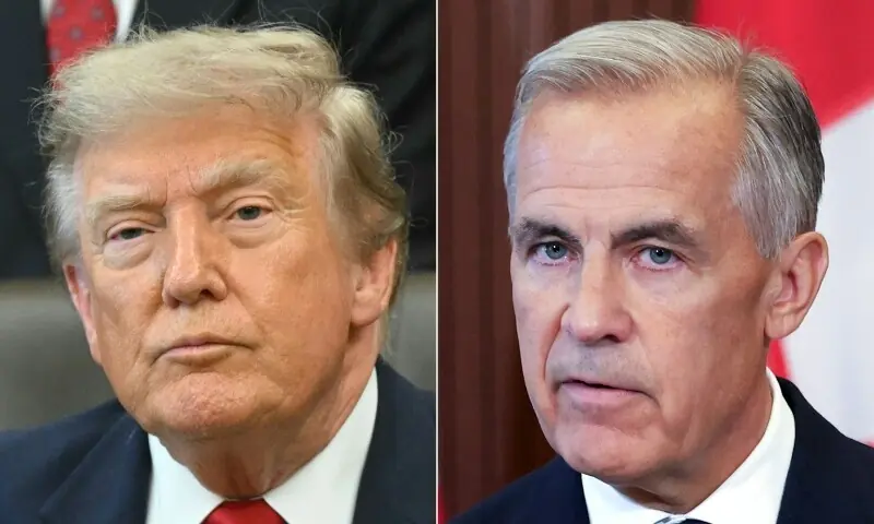 This combination of pictures created on August 22, 2026 shows US President Donald Trump in Washington, DC, on July 13, 2026 and Canadian Prime Minister Mark Carney on August 22. &mdash; AFP