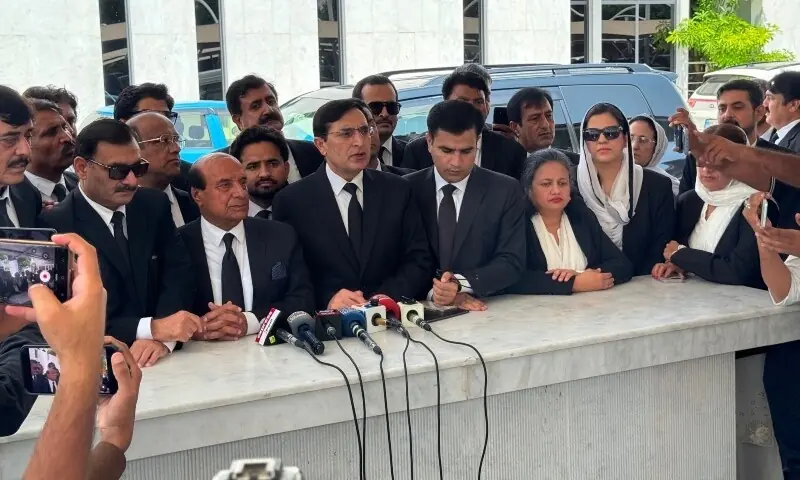 PTI Chairman Barrister Gohar Ali Khan speaks to the media on August 24. &mdash; Photo via X/@BarristerGohar