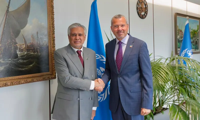 Deputy Prime Minister and Foreign Minister Ishaq Dar meets the International Maritime Organisation Secretary General Arsenio Domingeuz in London on Aug 24. — ForeignOfficePk via X Deputy Prime Minister and Foreign Minister Ishaq Dar meets the International Maritime Organisation Secretary General Arsenio Domingeuz in London on Aug 24. — ForeignOfficePk via X