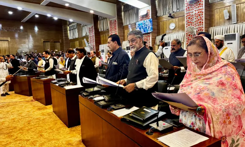 Newly elected members of the AJK Legislative Assembly take the oath of office on Aug 24. &mdash; photo via author