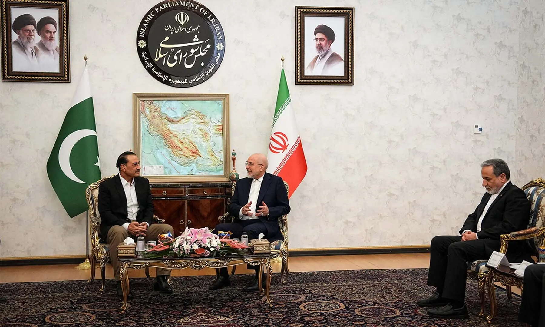 This handout picture provided by the Iranian parliament speaker&rsquo;s office shows speaker Mohammad Bagher Ghalibaf and Foreign Minister Abbas Araghchi meeting Chief of Defence Forces and Chief of Army Staff Field Marshal Asim Munir in Tehran, Iran on August 24, 2026. &mdash; AFP