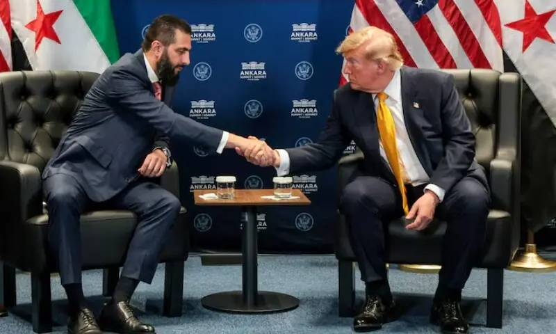 US President Donald Trump shakes hands with Syrian President Ahmed al-Sharaa during a bilateral meeting alongside the Nato leaders summit at the Bestepe Presidential Compound in Ankara, Turkiye, July 8, 2026. &mdash; Reuters/File