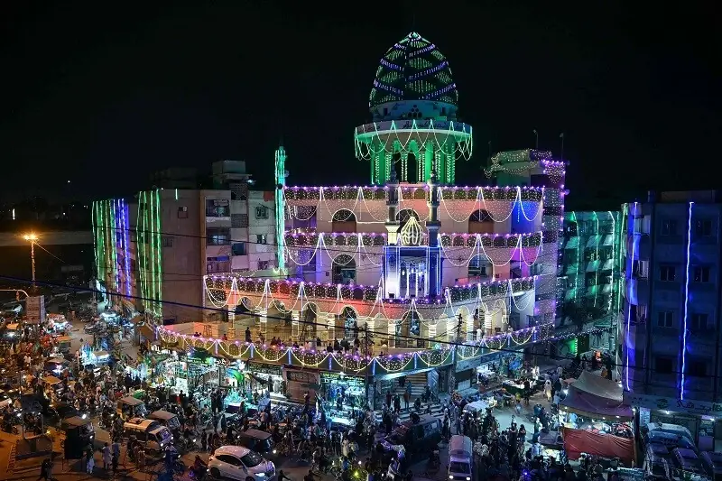 An illuminated view of Kanzul Iman mosque on the eve of Eid Miladun Nabi in Karachi on August 25, 2026. &mdash; AFP