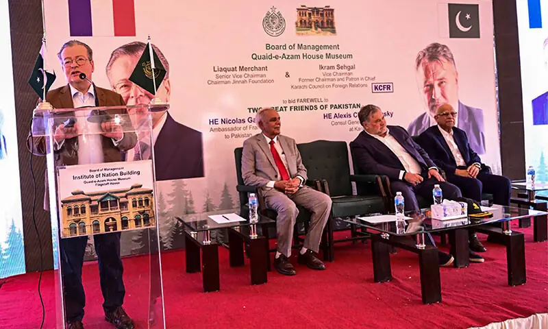 THE outgoing French Ambassador Nicolas Galey speaks at the programme as Ikram Sehgal (right), Consul General Alexis Chahtahtinsky (centre) and retired Commodore Sadeed A. Malik hear him.—Fahim Siddiqi / White Star THE outgoing French Ambassador Nicolas Galey speaks at the programme as Ikram Sehgal (right), Consul General Alexis Chahtahtinsky (centre) and retired Commodore Sadeed A. Malik hear him.—Fahim Siddiqi / White Star