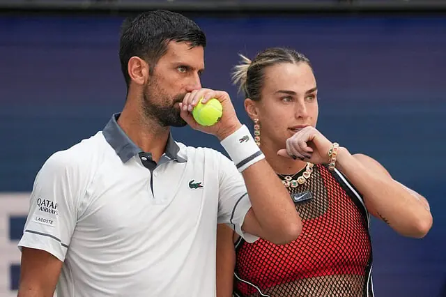 Serbia's Novak Djokovic (L) and Belarus's Aryna Sabalenka during Fan Week as part of the 2026 US Open tennis tournament at the USTA Billie Jean King National Tennis Center in New York, on August 25, 2026. &mdash;AFP