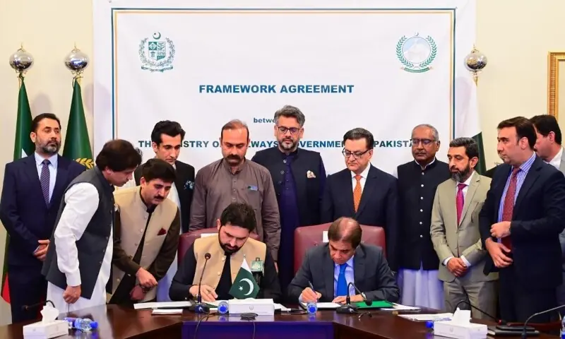 Railways Minister and Khyber Pakhtunkhwa Chief Minister Sohail Afridi sign an agreement on August 25, 2026. — PID Railways Minister and Khyber Pakhtunkhwa Chief Minister Sohail Afridi sign an agreement on August 25, 2026. — PID