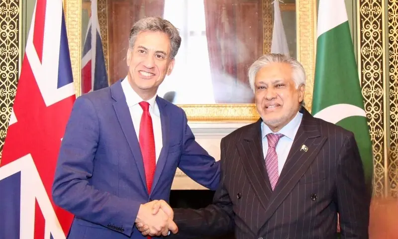 Deputy Prime Minister and Foreign Minister Ishaq Dar meets British Foreign Secretary Ed Miliband on August 27. &mdash; Photo via X/@ForeignOfficePk