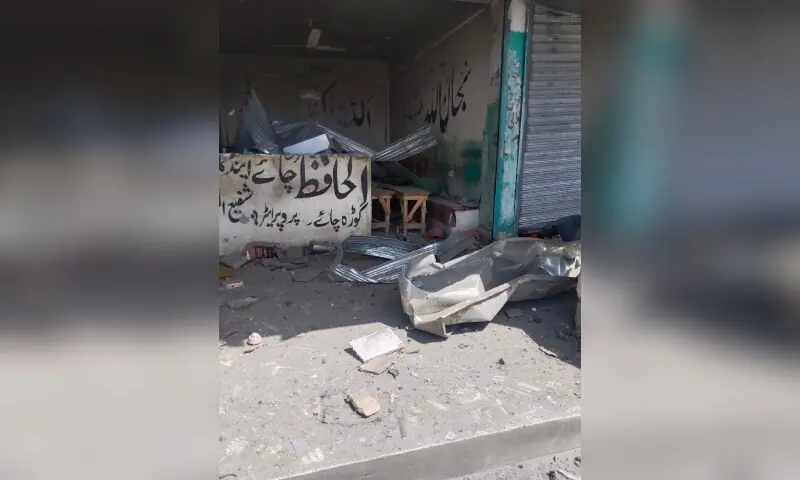 Shops in Upper South Waziristan's Makeen Bazaar were damaged after an improvised explosive device (IED) exploded on August 28, 2026. — Photo via author Shops in Upper South Waziristan's Makeen Bazaar were damaged after an improvised explosive device (IED) exploded on August 28, 2026. — Photo via author