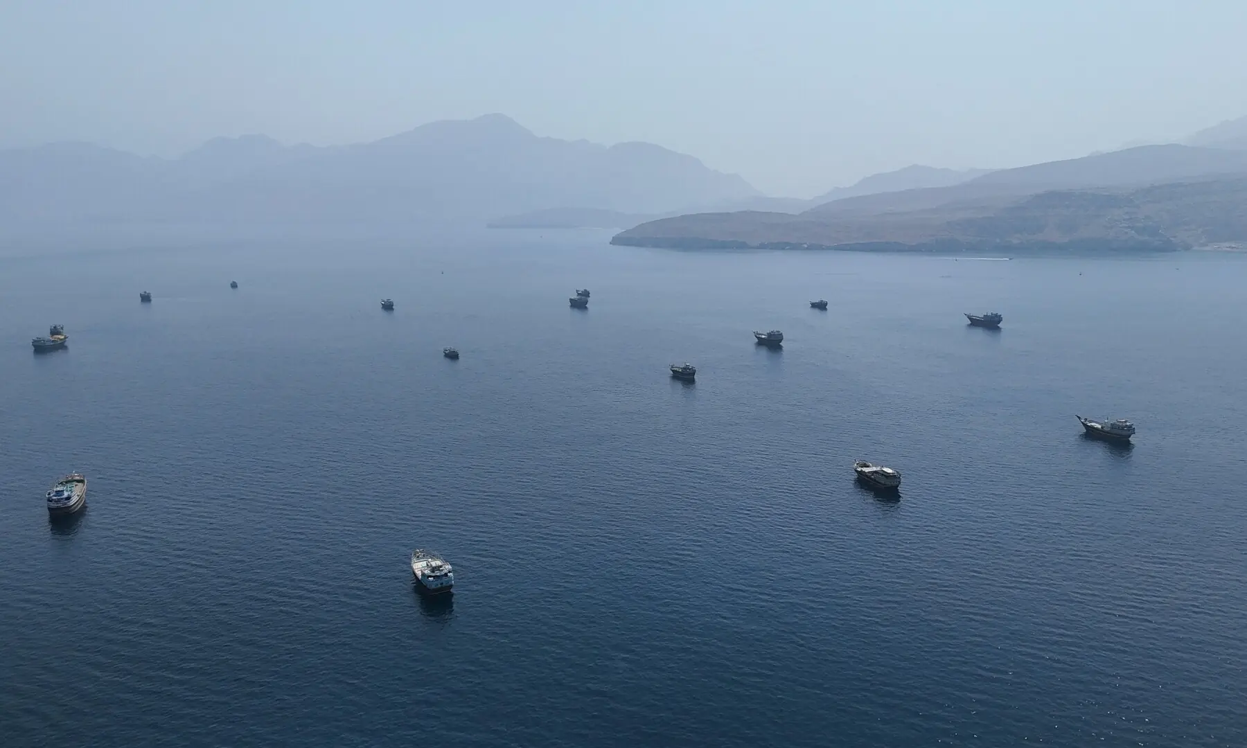 A drone view shows vessels near the Strait of Hormuz, as seen from Musandam, Oman on August 28, 2026. &mdash; Reuters