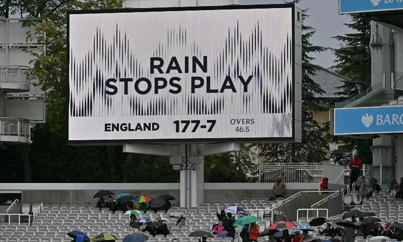 A giant screen displays the &lsquo;Rain Stops Play&rsquo; sign as rain stops the play once again, on day three of the second Test match between England and Pakistan at Lord&rsquo;s Cricket Ground in London, England on August 29, 2026. &mdash; AFP