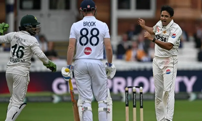 Pakistan&rsquo;s Mohammad Rizwan (L) and Pakistan&rsquo;s Muhammad Abbas (R) celebrate taking the wicket of England&rsquo;s Harry Brook for 34 runs on day three of the second Test match between England and Pakistan at Lord&rsquo;s Cricket Ground in London, England on August 29, 2026. &mdash; AFP
