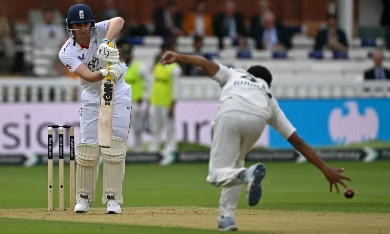 England's Dan Lawrence plays a shot for four runs off a ball bowled by Pakistan's Khurram Shahzad on day three of the second Test match between England and Pakistan at Lord's cricket ground in London on August 29, 2026. &mdash; AFP
