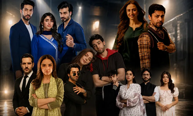 Clockwise from top left: Zabt, Bas Tera Sath Ho, Kafeel, Qarz-i-Jaan and Dobara (centre) - Illustration by Saad Arifi Clockwise from top left: Zabt, Bas Tera Sath Ho, Kafeel, Qarz-i-Jaan and Dobara (centre) - Illustration by Saad Arifi
