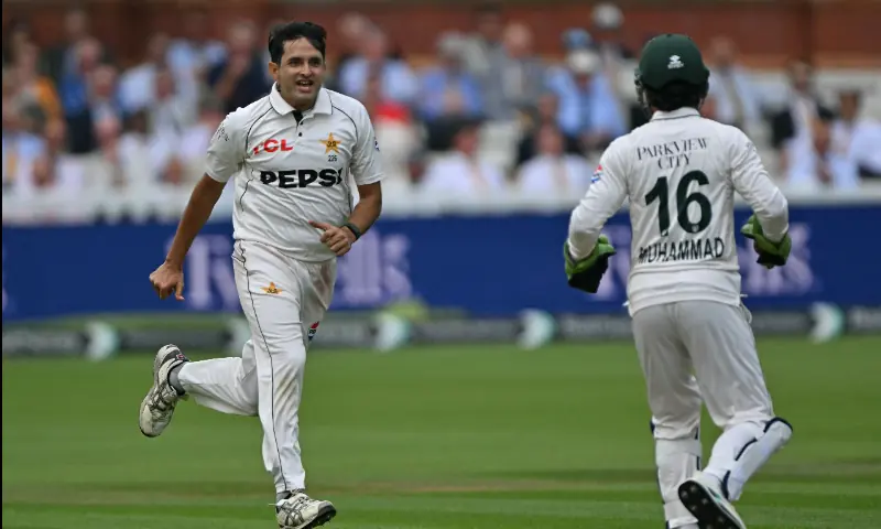 Pakistan's Mohammad Abbas celebrates after taking his fifth wicket, that of England's Ollie Robinson, on day four of the second test match between England and Pakistan at Lord's cricket ground in London on Aug 30, 2026. &mdash; AFP