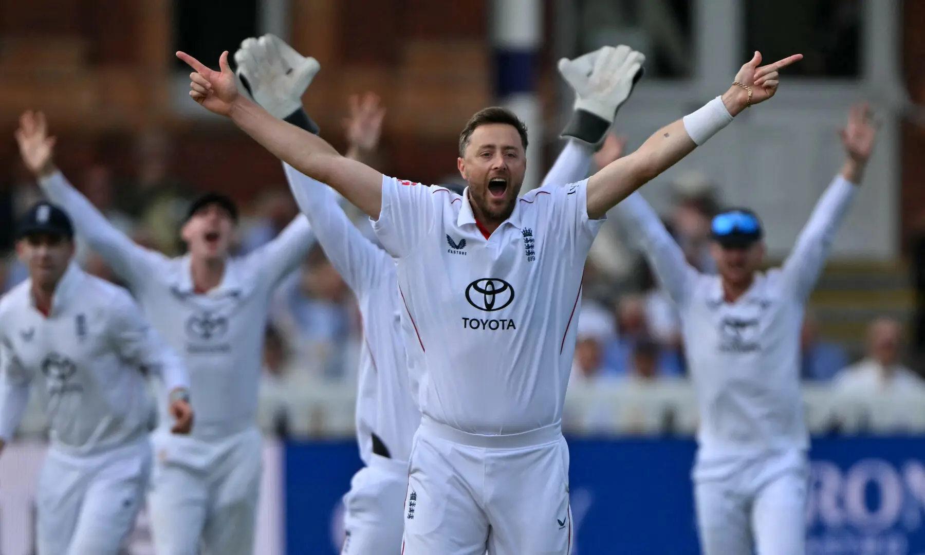 England's Ollie Robinson appeals successfully for a LBW decision against Pakistan's Azan Awais on day four of the second test match between England and Pakistan at Lord's cricket ground in London on Aug 30, 2026. &mdash; AFP