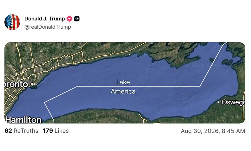A map showing the name Lake America in place of Lake Ontario appears as a post on President Trump&rsquo;s Truth Social social media account.&mdash;Reuters