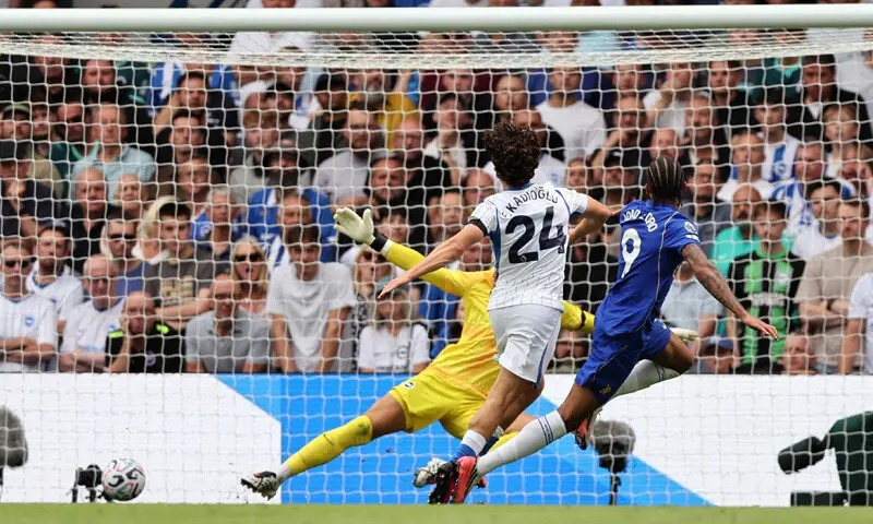 LONDON: Chelsea&rsquo;s Joao Pedro (R) scores during the Premier League match against Brighton and Hove Albion at Stamford Bridge on Sunday.&mdash;Reuters