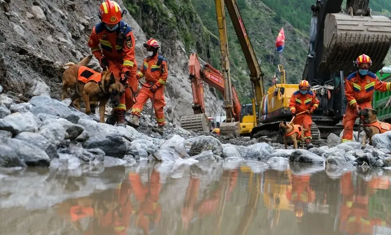 Fire and rescue personnel use dogs to search for victims of a mudslide beside the road which leads to Gyirong Port in Gyirong County, in China&rsquo;s western Tibet region on August 30, 2026. &mdash;AFP