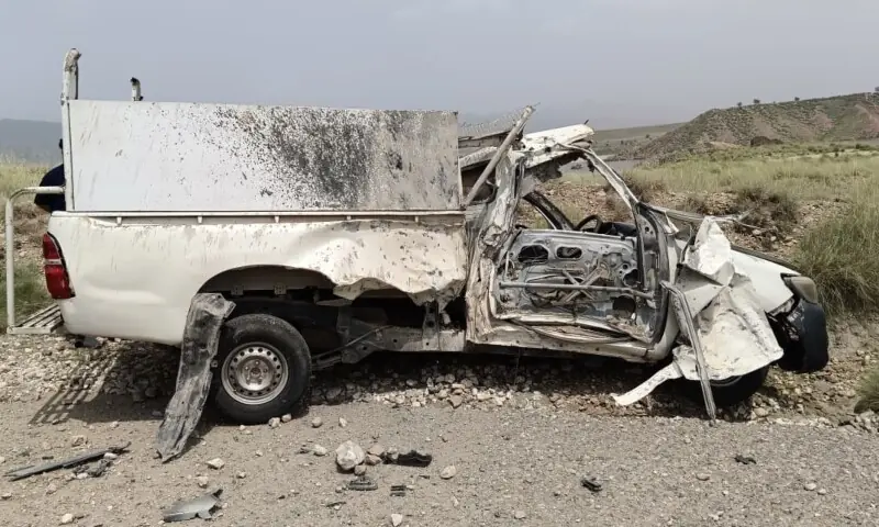 A police van damaged in an IED blast in Karak district on August 31, 2026. &mdash;Photo via author