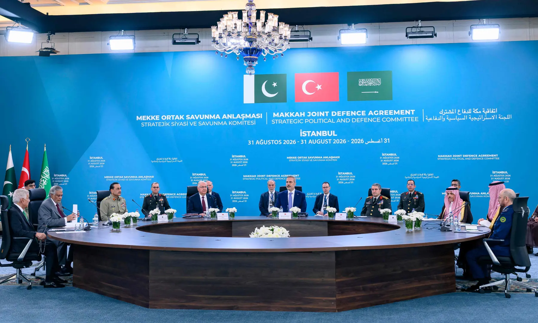 Turkiye's Foreign Minister Hakan Fidan (C), Foreign Minister Ishaq Dar (2nd L) and Saudi Arabia's Defence Minister Khalid Bin Salman (3rd R) attend the inaugural meeting of the Strategic Political and Defence Committee established under the Makkah Joint Defence Agreement, in Istanbul on Aug 31, 2026. &mdash; AFP