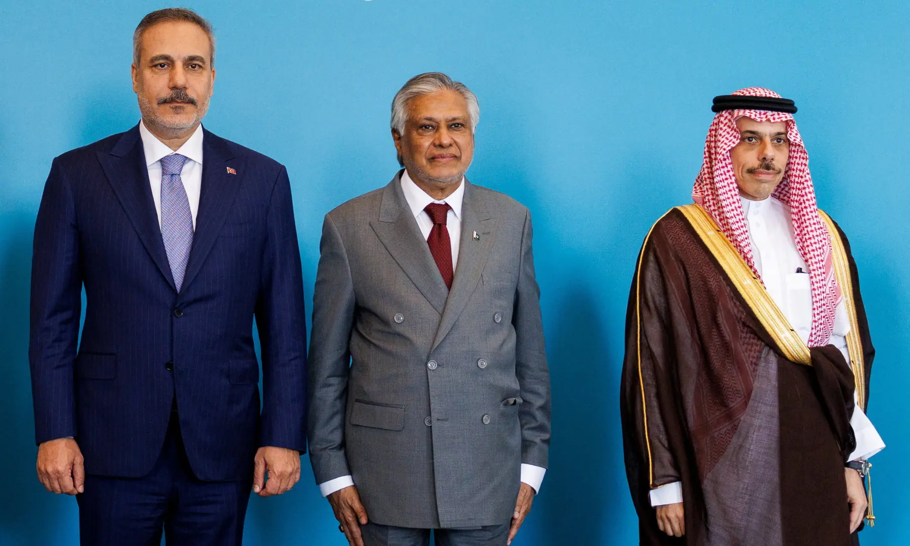 Turkiye's Foreign Minister Hakan Fidan, Deputy Prime Minister and Foreign Minister Ishaq Dar, and Saudi Foreign Minister Prince Faisal bin Farhan Al Saud pose for a picture before the first committee meeting under the joint defence accord, in Istanbul on Aug 31, 2026.