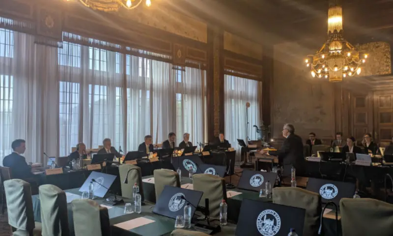 Lead counsel for Pakistan, Sir Daniel Bethlehem, addresses the members of the Court of Arbitration at Peace Palace, The Hague, in April 2026. &mdash; via PCA/File