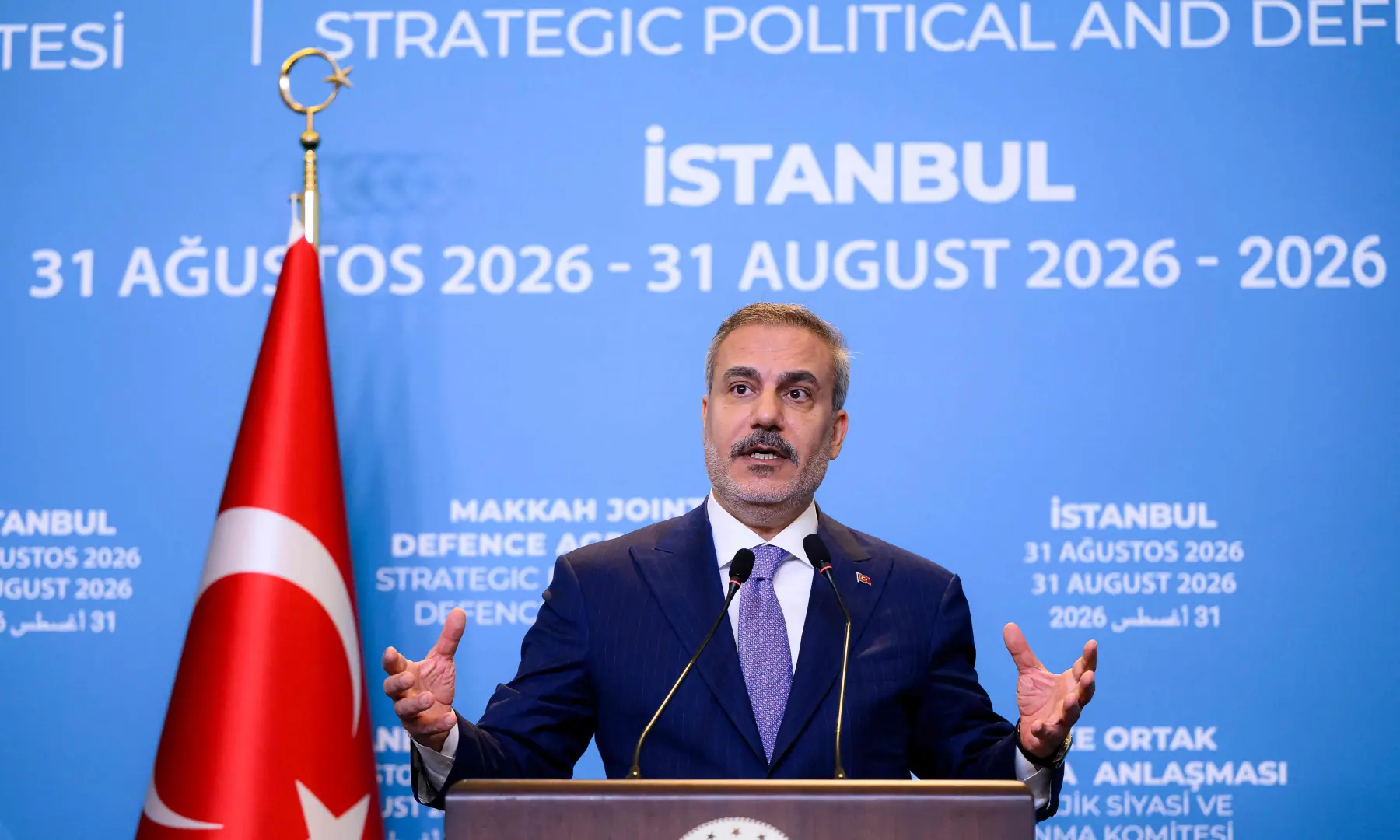 Turkish Foreign Minister Hakan Fidan addresses a press conference after the first meeting of the Makkah defence pact in Istanbul, Turkiye on Aug 31, 2026. &mdash; AFP