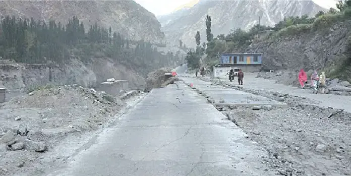 A glacial lake outburst flood destroys several link roads, besides a portion of the Karakoram Highway in Hunza. —Dawn/File A glacial lake outburst flood destroys several link roads, besides a portion of the Karakoram Highway in Hunza. —Dawn/File