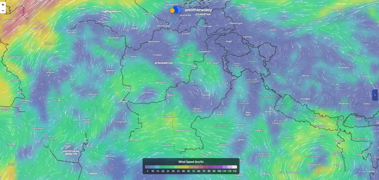 Weatherwalay&rsquo;s interactive wind-speed and wind-flow map. 