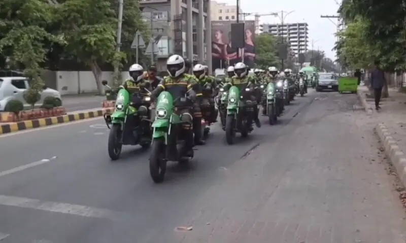 Enforcement personnel ride motorcycles in formation as part of the e-challan enforcement drive in Lahore. —Photo provided by Suthra Punjab Authority Enforcement personnel ride motorcycles in formation as part of the e-challan enforcement drive in Lahore. —Photo provided by Suthra Punjab Authority