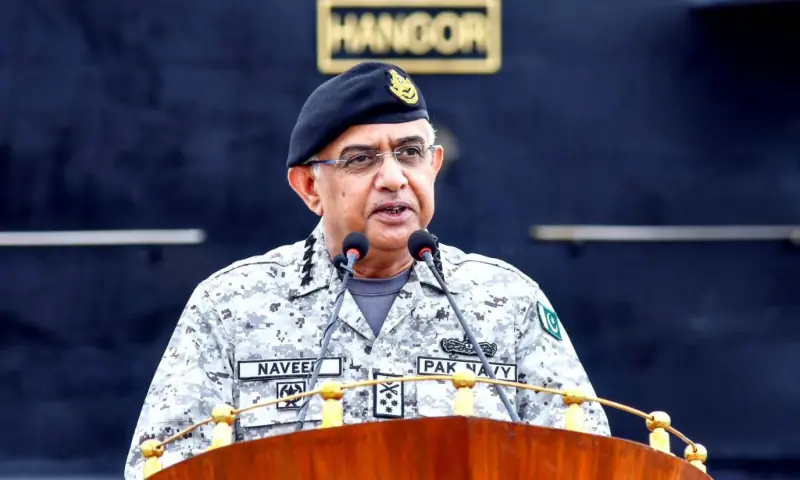 Chief of the Naval Staff Admiral Naveed Ashraf addresses the Pakistan Navy on September 2. — photo courtesy: ISPR Chief of the Naval Staff Admiral Naveed Ashraf addresses the Pakistan Navy on September 2. — photo courtesy: ISPR