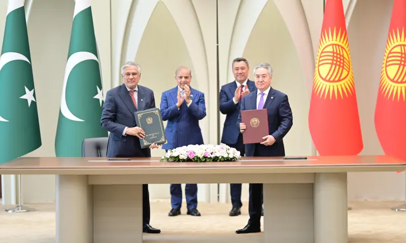 Prime Minister Shehbaz Sharif and Kyrgyz President Sadyr Zhaparov witness the signing and exchange of agreement between Pakistan and Kyrgyzstan to enhance the bilateral trade to $200 million in the next two years in Bishkek on September 2. &mdash; Govt of Pakistan/X