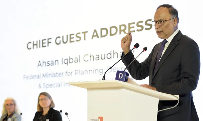 Planning Minister Ahsan Iqbal speaks at the conference as acting UN Resident Coordinator Pernille Ironside and WB Nutrition Specialist Abigail Perry look on.&mdash;Tanveer Shahzad/White Star