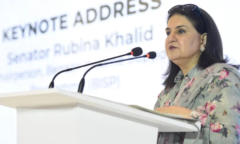 Benazir Income Support Programme Chairperson Rubina Khalid speaks at the session ‘Integrating Nutrition into Social Protection Systems: Lessons, Partnerships and the Way Forward’ at the DawnMedia’s ‘Act for Nutrition: The Emergency We Can No Longer Ignore’ conference in Islamabad on Wednesday. — Photo by Tanveer Shahzad Benazir Income Support Programme Chairperson Rubina Khalid speaks at the session ‘Integrating Nutrition into Social Protection Systems: Lessons, Partnerships and the Way Forward’ at the DawnMedia’s ‘Act for Nutrition: The Emergency We Can No Longer Ignore’ conference in Islamabad on Wednesday. — Photo by Tanveer Shahzad