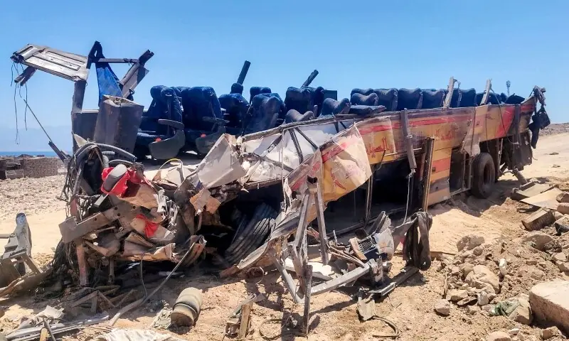 The wreckage of a passenger bus that overturned on the Dahab-Nuweiba road is pictured at the site of the crash in Egypt's South Sinai province on September 2, 2026. — AFP The wreckage of a passenger bus that overturned on the Dahab-Nuweiba road is pictured at the site of the crash in Egypt's South Sinai province on September 2, 2026. — AFP
