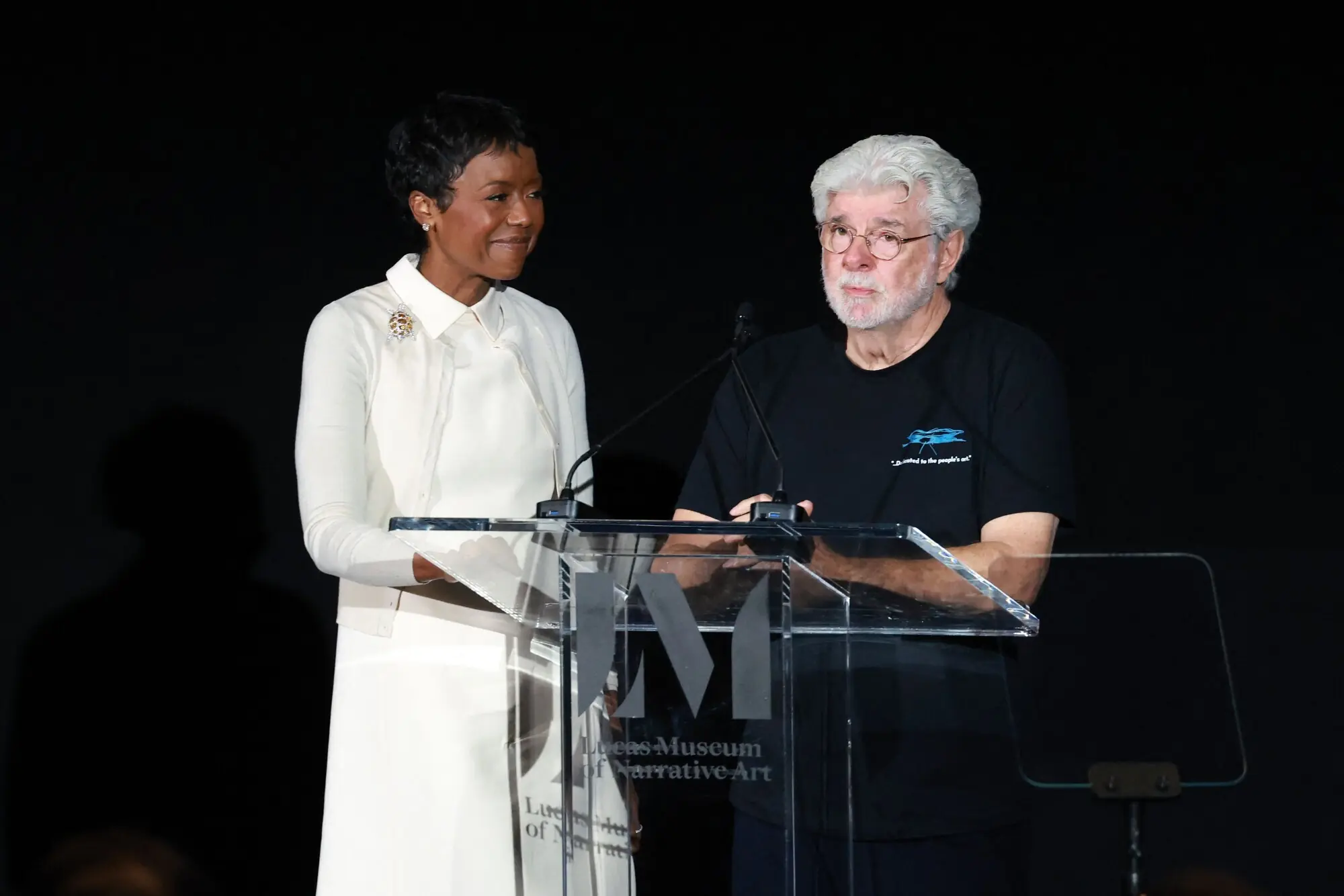 George Lucas with his wife Mellody Hobson at the opening of the Museum of Narrative Art. Photo: AFP