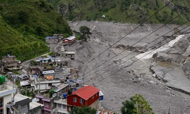 An aerial view shows houses damaged and deluged in sludge in the aftermath of flash floods at Syabrubesi in Nepal's Rasuwa district on September 3. — AFP An aerial view shows houses damaged and deluged in sludge in the aftermath of flash floods at Syabrubesi in Nepal's Rasuwa district on September 3. — AFP