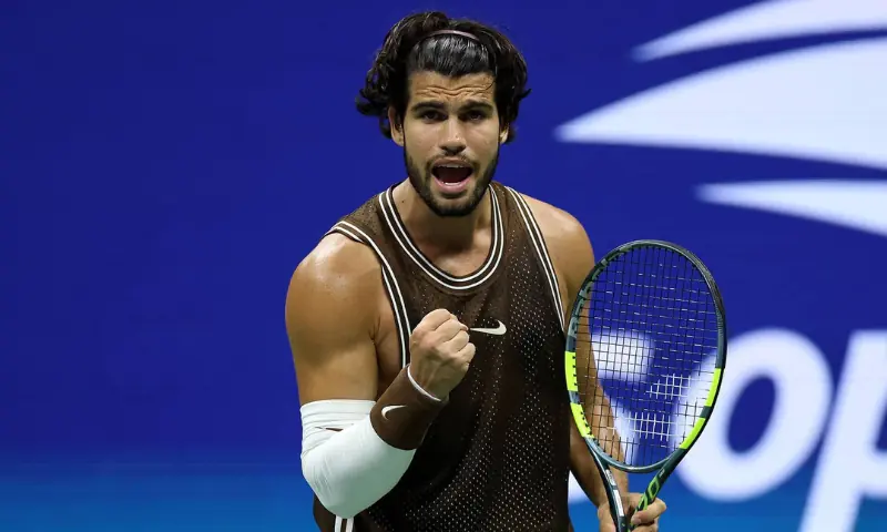 Spain's Carlos Alcaraz celebrates during his US Open second round match against Jaime Faria at Flushing Meadows on September 3, 2026.—AFP Spain's Carlos Alcaraz celebrates during his US Open second round match against Jaime Faria at Flushing Meadows on September 3, 2026.—AFP