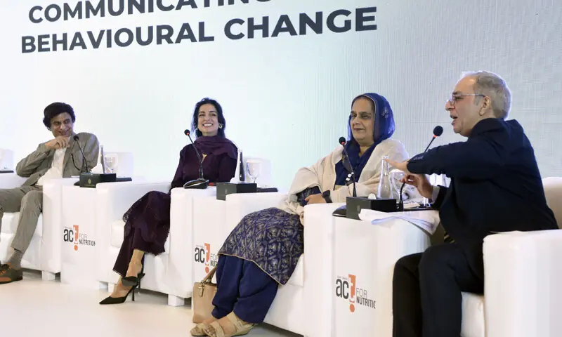 Satish Anand of Eveready Pictures, actor Sarwat Gillani, BNU Dean Dr Bushra Hameedur Rehman and TV host Zarrar Khuhro take part in a discussion at the Act for Nutrition conference.—Tanveer Shahzad / White Star Satish Anand of Eveready Pictures, actor Sarwat Gillani, BNU Dean Dr Bushra Hameedur Rehman and TV host Zarrar Khuhro take part in a discussion at the Act for Nutrition conference.—Tanveer Shahzad / White Star