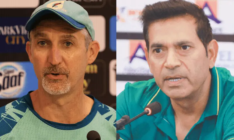 This combination photo shows Jason Gillespie (L) and Aqib Javed (R). — Photo via File/Reuters/AFP This combination photo shows Jason Gillespie (L) and Aqib Javed (R). — Photo via File/Reuters/AFP