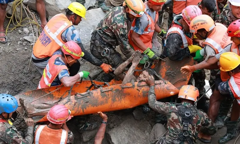 This handout photograph taken and released on September 5, 2026 via the Facebook page of Nepal Army shows security personnel carrying a Chinese national (2R) rescued from the Audit Tunnel 4 of the Upper Trishuli-1 Hydropower Project site in Nepal's Rasuwa district. — AFP This handout photograph taken and released on September 5, 2026 via the Facebook page of Nepal Army shows security personnel carrying a Chinese national (2R) rescued from the Audit Tunnel 4 of the Upper Trishuli-1 Hydropower Project site in Nepal's Rasuwa district. — AFP