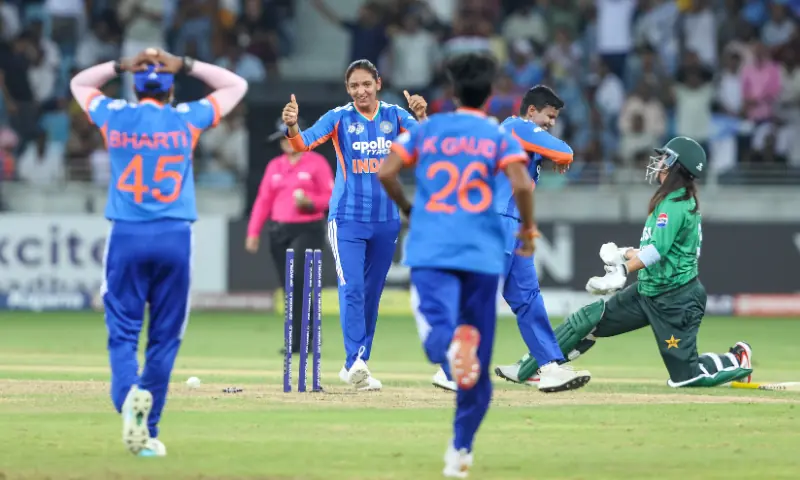 Indian captain Harmanpreet Kaur celebrates as Eyman Fatima is run out at the Dubai International Cricket Stadium on 5th September, 2026.--Courtesty Asian Cricket Council Indian captain Harmanpreet Kaur celebrates as Eyman Fatima is run out at the Dubai International Cricket Stadium on 5th September, 2026.--Courtesty Asian Cricket Council