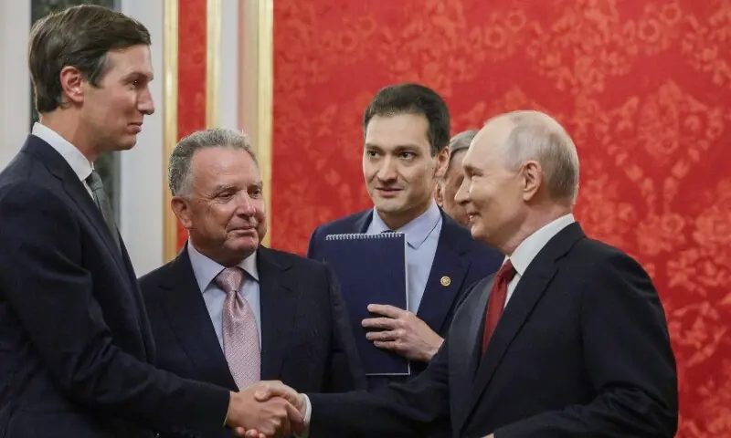 In this pool photograph distributed by the Russian state agency Sputnik, Russia's President Vladimir Putin (R) welcomes US special envoys Steve Witkoff (2nd L) and Jared Kushner (L) prior to their talks in Moscow, Russia on September 5, 2026. — AFP In this pool photograph distributed by the Russian state agency Sputnik, Russia's President Vladimir Putin (R) welcomes US special envoys Steve Witkoff (2nd L) and Jared Kushner (L) prior to their talks in Moscow, Russia on September 5, 2026. — AFP