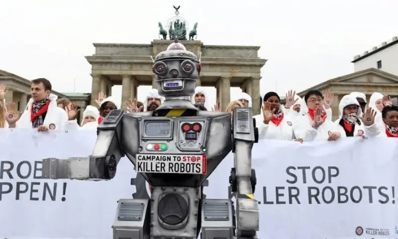 Activists from the Campaign to Stop Killer Robots, a coalition of non-governmental organisations opposing lethal autonomous weapons or so-called 'killer robots', stage a protest at the Brandenburg Gate in Berlin, Germany on March, 21, 2019. — Reuters/File Activists from the Campaign to Stop Killer Robots, a coalition of non-governmental organisations opposing lethal autonomous weapons or so-called 'killer robots', stage a protest at the Brandenburg Gate in Berlin, Germany on March, 21, 2019. — Reuters/File