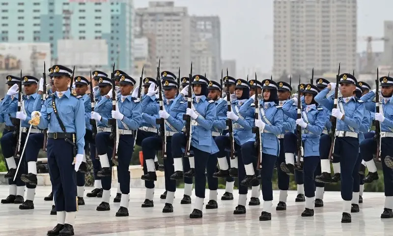 Air Force cadets march at the mausoleum of Pakistan's founding father Muhammad Ali Jinnah in Karachi on September 6, 2026, during celebrations to mark the country's Defence Day. &mdash;AFP