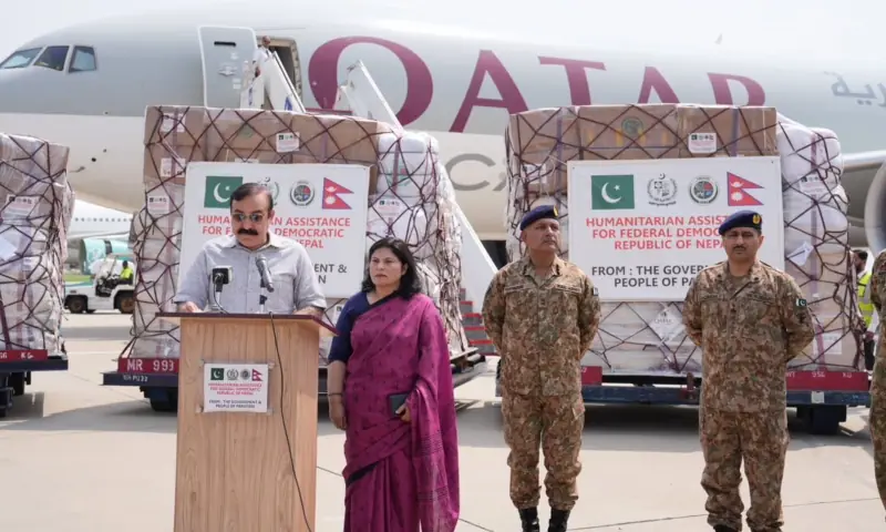 Parliamentary Affairs Minister Tariq Fazal Chaudhry, Nepal&rsquo;s Ambassador Rita Dhital and NDMA officials at the send-off ceremony of humanitarian aid for Nepal, at Islamabad airport on Sept 6, 2026. &mdash; X/MIshaqDar50