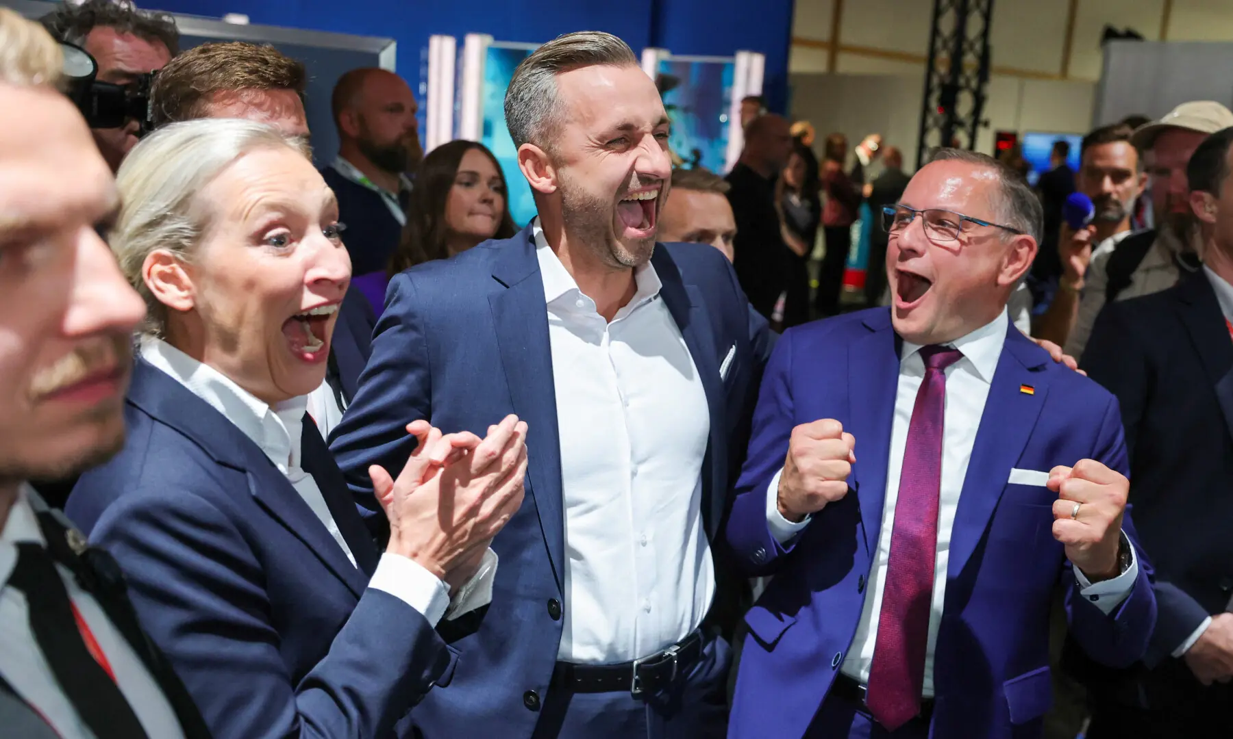 Top candidate of the far-right Alternative for Germany (AfD), Ulrich Siegmund, with party co leaders Alice Weidel and Tino Chrupalla, reacts after polls closed, on the day of the Saxony-Anhalt state elections, in Magdeburg, Germany on Sept 6, 2026. — Reuters Top candidate of the far-right Alternative for Germany (AfD), Ulrich Siegmund, with party co leaders Alice Weidel and Tino Chrupalla, reacts after polls closed, on the day of the Saxony-Anhalt state elections, in Magdeburg, Germany on Sept 6, 2026. — Reuters
